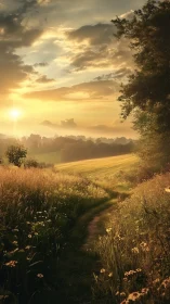Golden country path winding through a dreamy evening meadow.