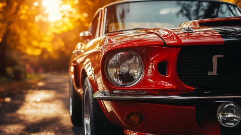 Autumn-lit red muscle car close-up with reflective chrome finish.