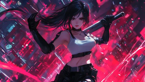 Female combatant with sword in neon urban environment.