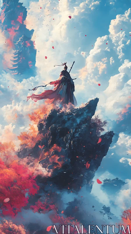 Skyward wanderer on a flaming peak of drifting petals.
