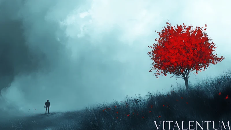 Solitary figure stands opposite vivid red tree on hillside