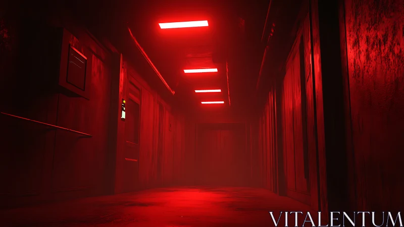 Red emergency corridor glows with tense, cinematic dread