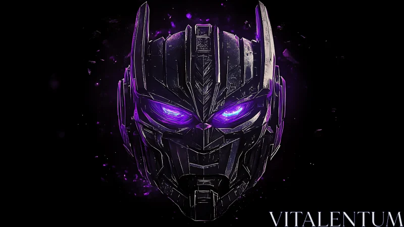 Metallic robotic helmet face is centered on black backdrop