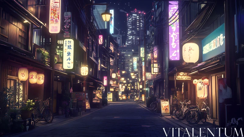 Neon-lit Japanese alleyway rendered in cinematic digital night