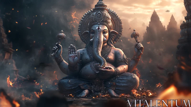 Serene elephant deity amid glowing embers at dusk.