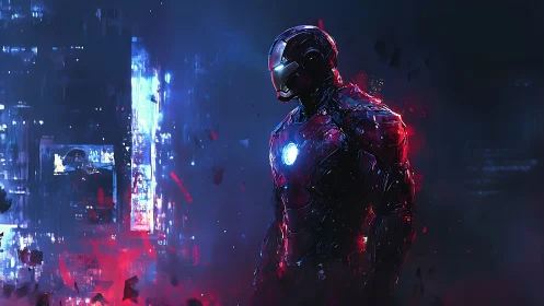 Armored exosuit silhouette in neon blue and red urban haze