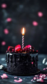 Dark Elegance Birthday Cake with Glowing Candle.