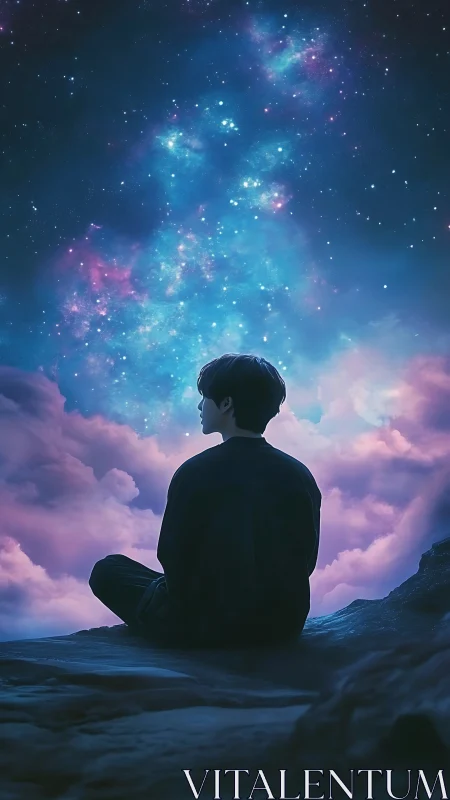 Silhouetted dreamer beneath luminous nebula sky at dusk.