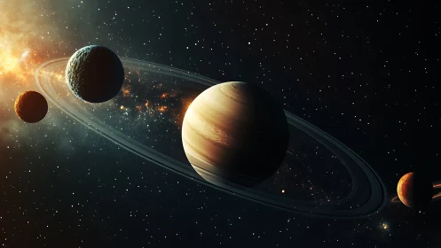 Ringed gas giant with multiple moons in deep space field.