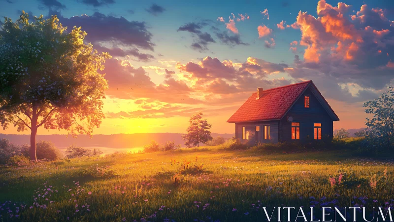Sunset over rural cottage and meadow landscape scene.