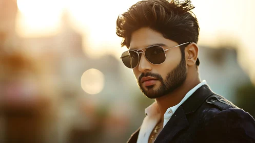 Man with sunglasses stands outdoors in shallow depth of field