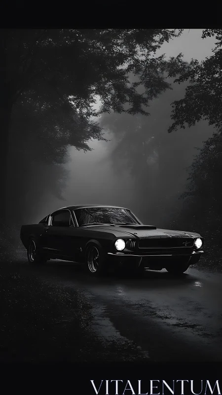 Midnight drive with a classic car in misty forest light.