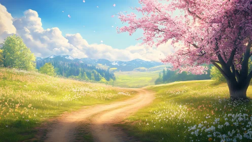 Blossom road curling toward soft whispered mountain light.