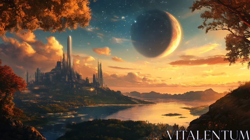Futuristic lakeside citadel at sunset in luminous fantasy panorama.