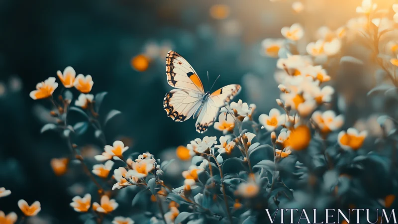 Butterfly hovers above small flowers in shallow depth of field