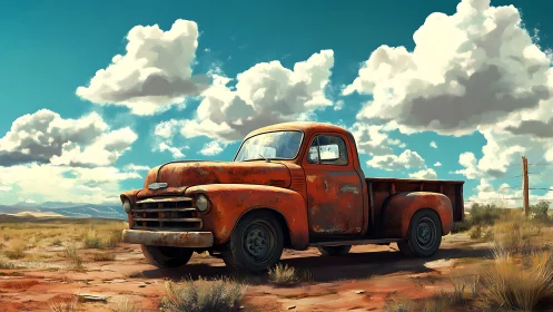Rusty vintage pickup truck sits in dry rural landscape