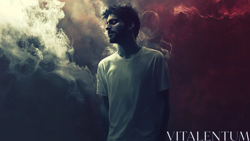 Solitary male silhouette in bifurcated atmospheric haze field.