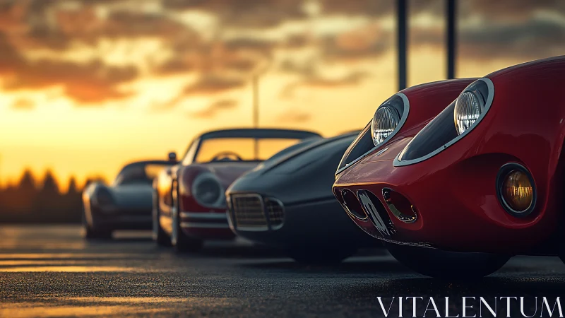 Classic sports cars lined at golden hour sunset.