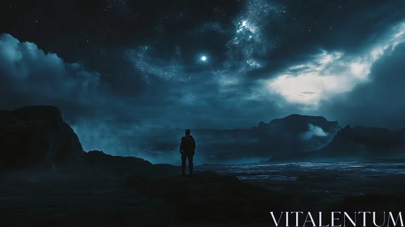 Solitary figure under star field on misted coastal terrain.