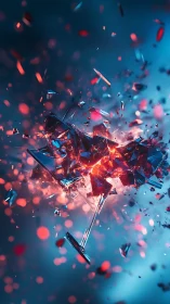 Exploding martini glass with vivid blue and red shards.