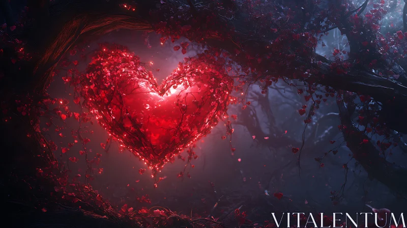 Glowing Red Heart Surrounded by Dark Forest Foliage.