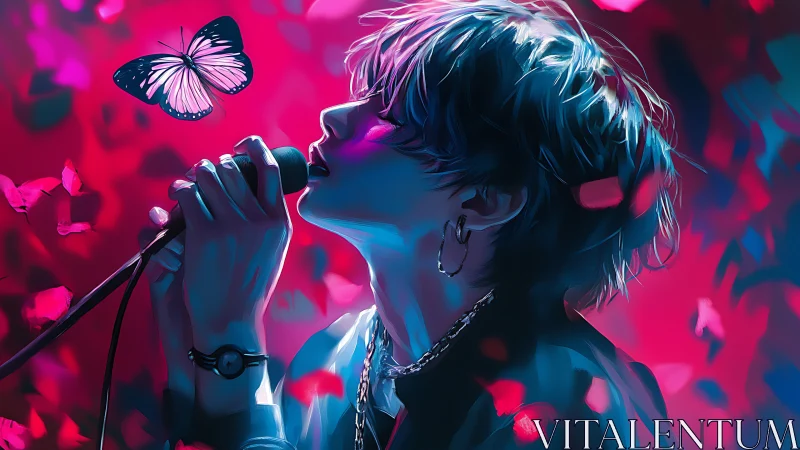 Neon-lit vocalist in profile sings toward luminous butterfly