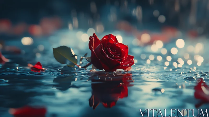 Red Rose Submerged in Water with Bokeh Light.
