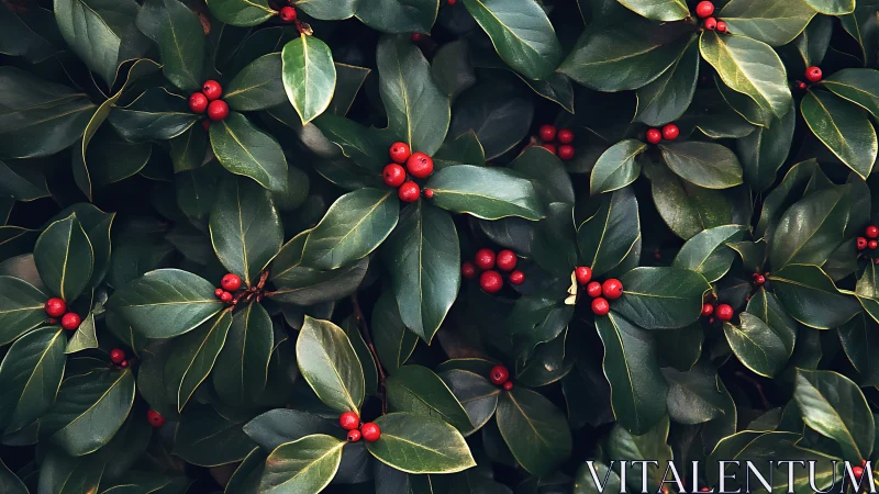 Holly leaf canopy with clustered red berries, optical close-up.