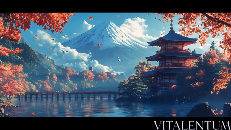 Pagoda, bridge and lake before snow peak in autumn light.