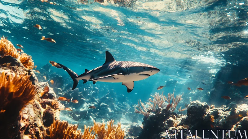 Midwater shark gliding above coral reef in high-clarity daylight scene