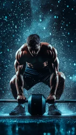 Muscular man lifting barbell under water spray in studio.