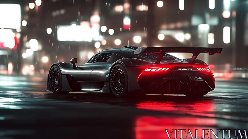 Sleek hypercar on wet neon city street at night.