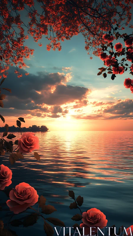 Glowing sunset embraces calm water and softly lit pink roses