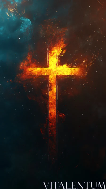 Burning cross ignites within deep cosmic smoke field.