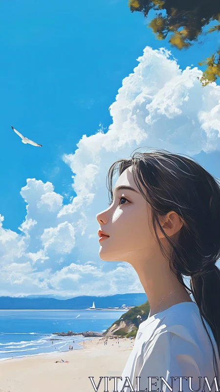 Side-profile study of coastal girl under cumulus-rich blue sky