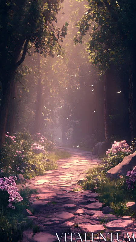 Enchanted forest path with golden light and pink blooms.