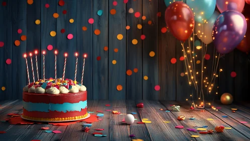 Festive birthday cake with lit candles and colorful balloons.