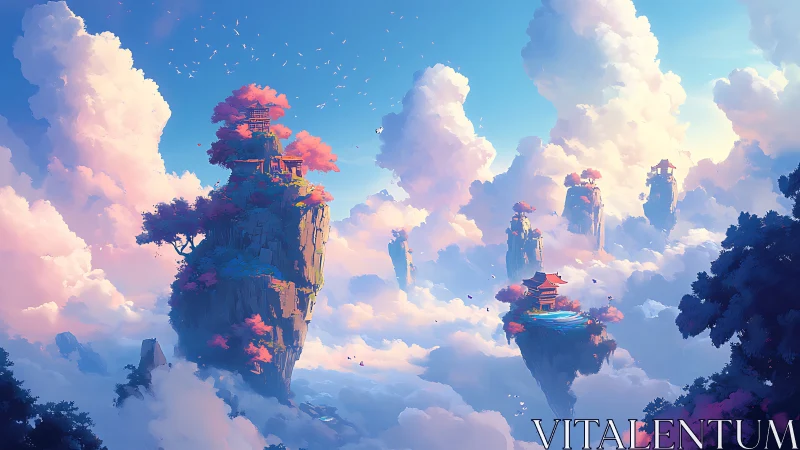 Floating temple islands drift through luminous sunrise clouds