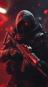 Shadowy cyber soldier stands ready in glowing red haze