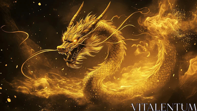 Golden dragon of swirling fire dancing through night skies.