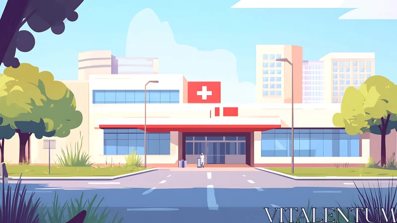 Digital hospital entrance in bright urban healthcare district.