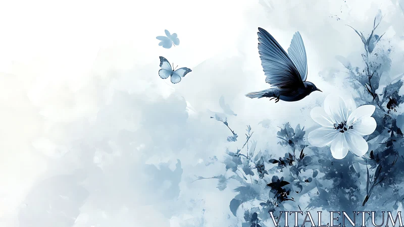 Blue bird and butterflies fly over white flower in soft mist