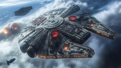 Smuggler starship knifes through stormy clouds of battle.