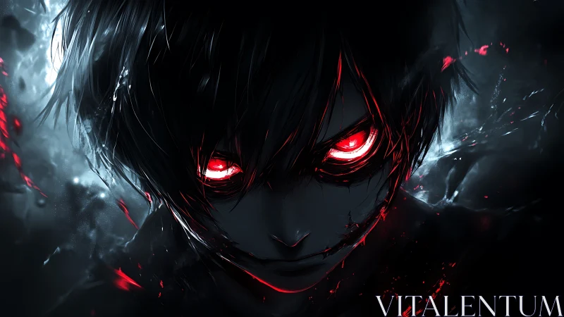 Dark anime character with glowing red eyes in shadows.