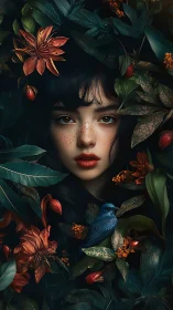 Forest-bloomed girl listens to a midnight-blue bird’s secret