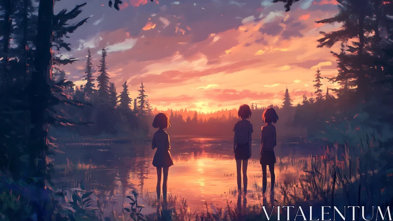 Three figures at forest lake observing diffuse sunset sky.