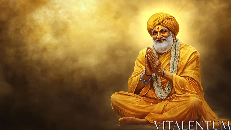 Spiritual guru in saffron robes with glowing golden aura.