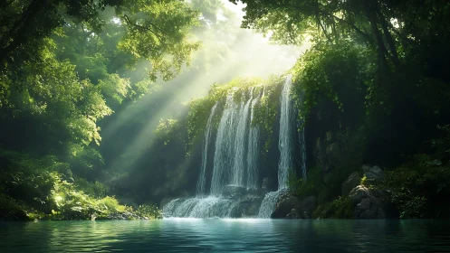 Sunlit Waterfall in Emerald Forest with Cascading Water