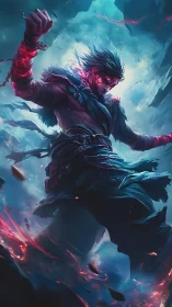 Storm-lit warrior unleashes crimson magic in a shattered sky