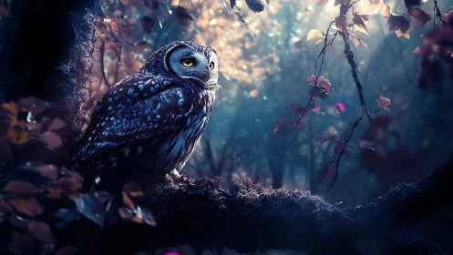 Majestic Owl Perched on Tree at Twilight in Magical Forest.